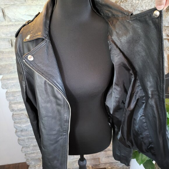Sam Edelman Moto Biker Zip Cuff Black Jacket Leather Texture Womens Large - Picture 8 of 16